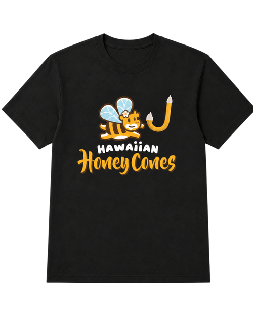Front view of a black Hawaiian Honey Cones T-shirt featuring the bee, J-shaped cone, and full logo graphic