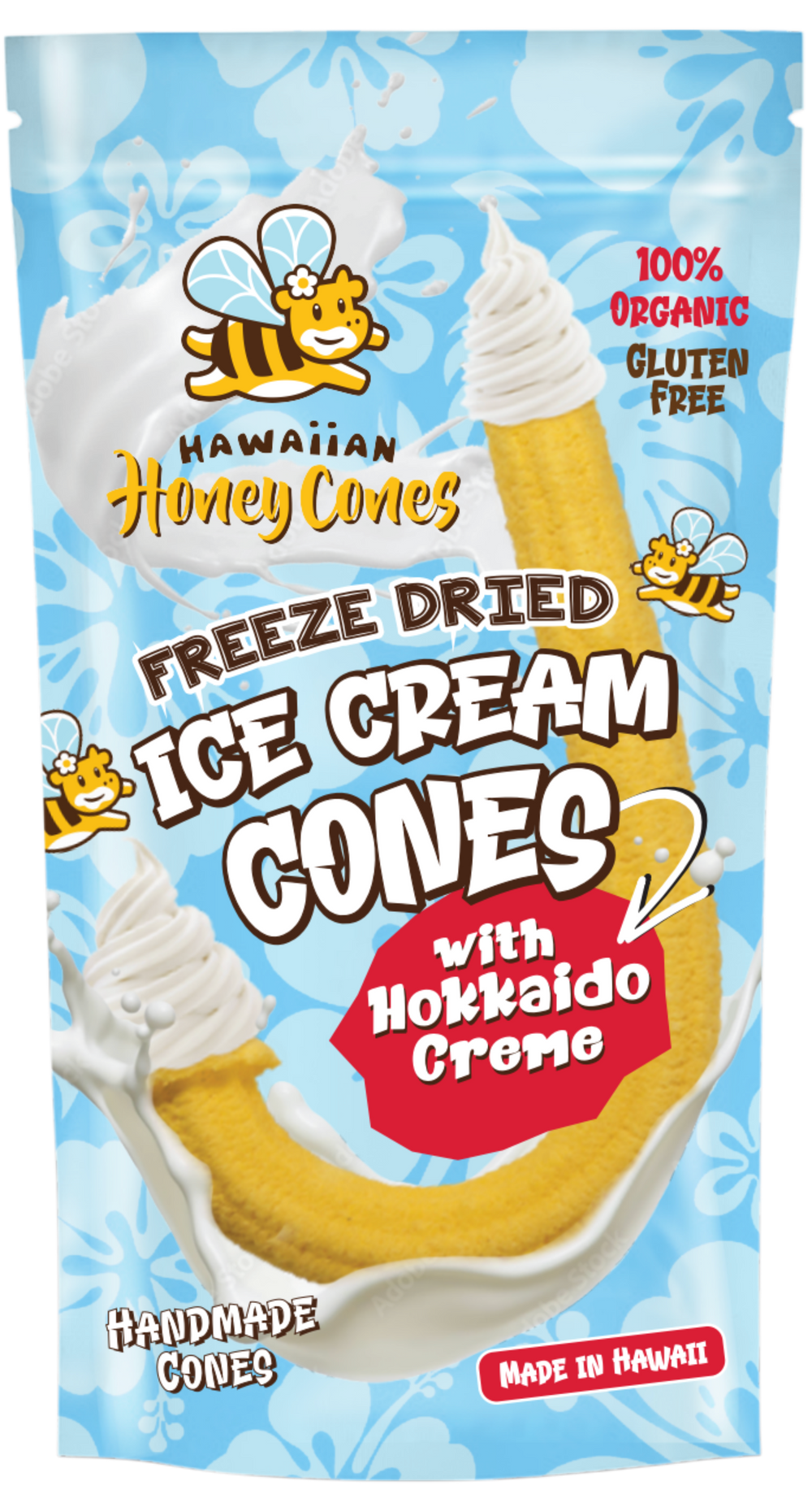 Hawaiian Honey Cones freeze-dried ice cream cones with Hokkaido creme in blue retail packaging