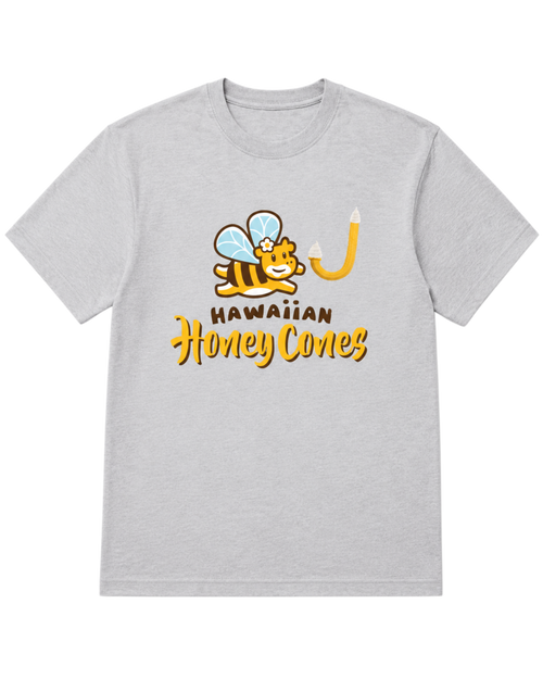 Front view of a heather gray Hawaiian Honey Cones T-shirt featuring the bee, J-shaped cone, and full logo graphic