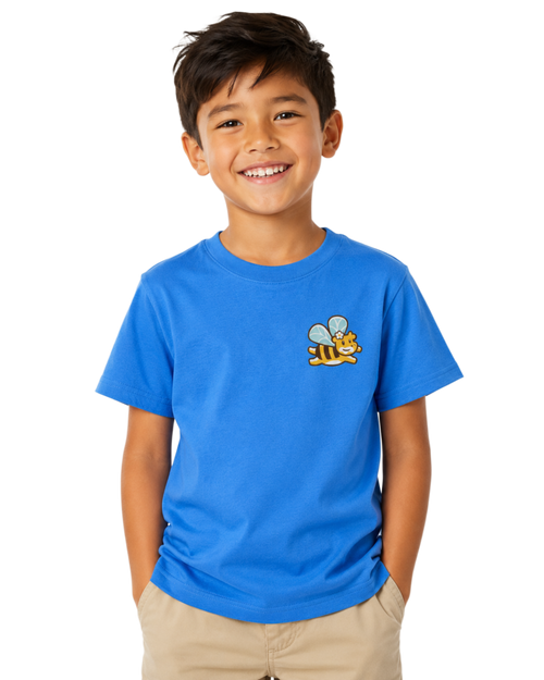 Blue logo shirt showing a kid 