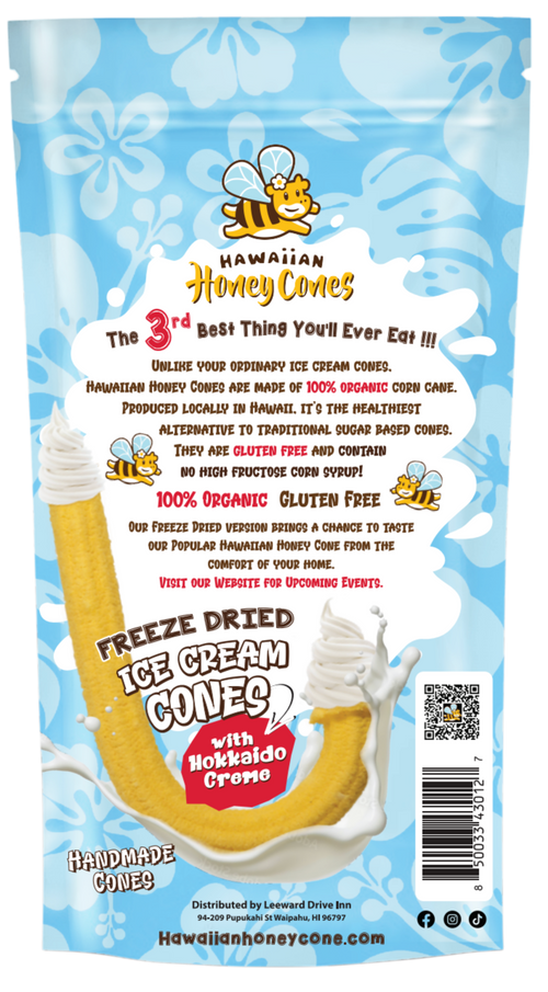 Back of Hawaiian Honey Cones freeze-dried ice cream cones packaging with product details, ingredients, barcode, and QR code
